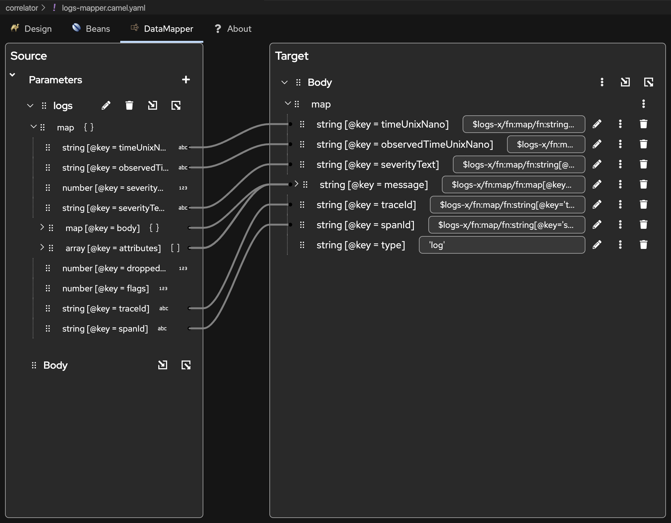 Kaoto Data Mapper transforming OpenTelemetry schema